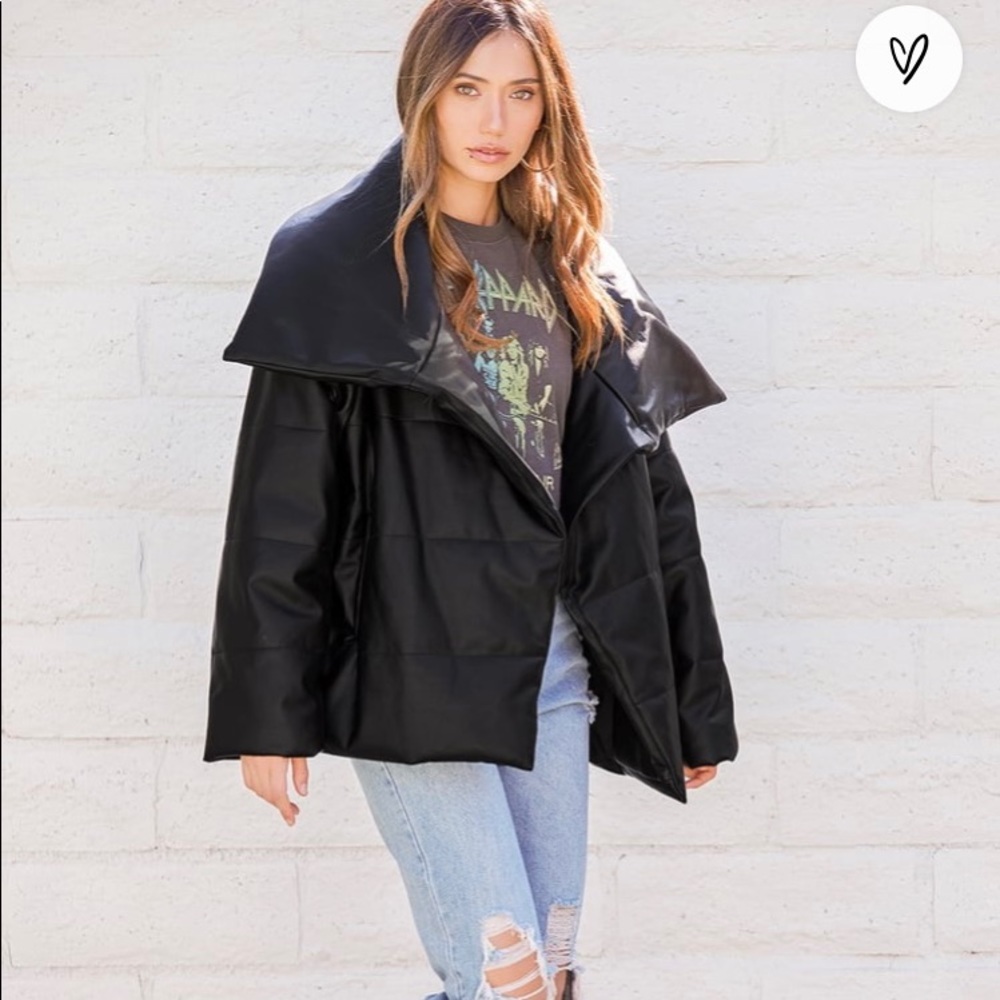 NWT Black Vegan Leather Oversized Wrap Puffer Jacket
